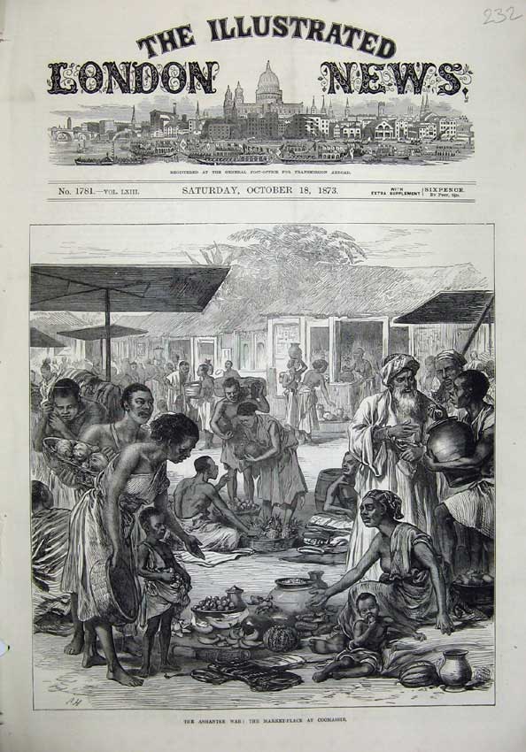 Old Antique Print 1873 Ashantee War Market Place Coomassie Natives Fruit 19th