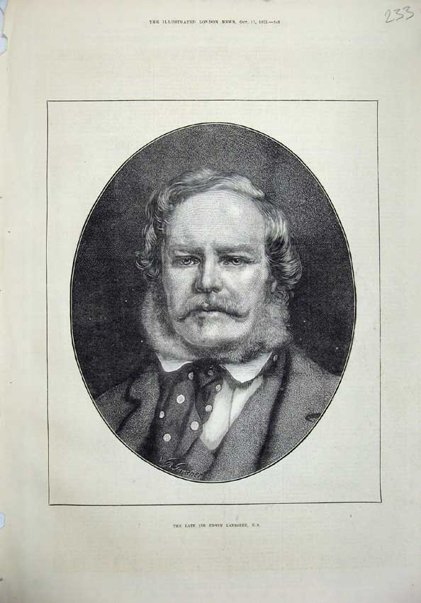 Original Old Antique Print 1873 Portrait Late Sir Edwin Landseer Man Victorian