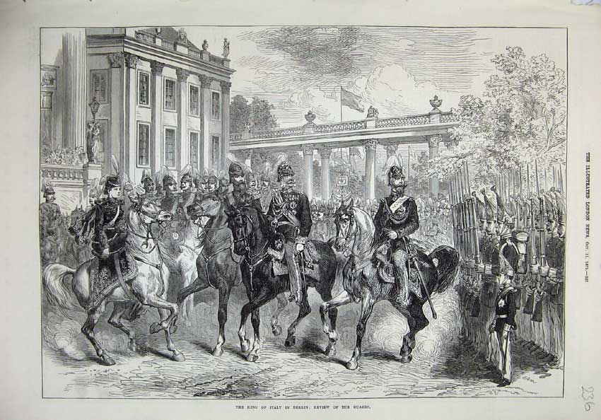 Original Old Antique Print 1873 King Italy Berlin Review Guards War Horses Army