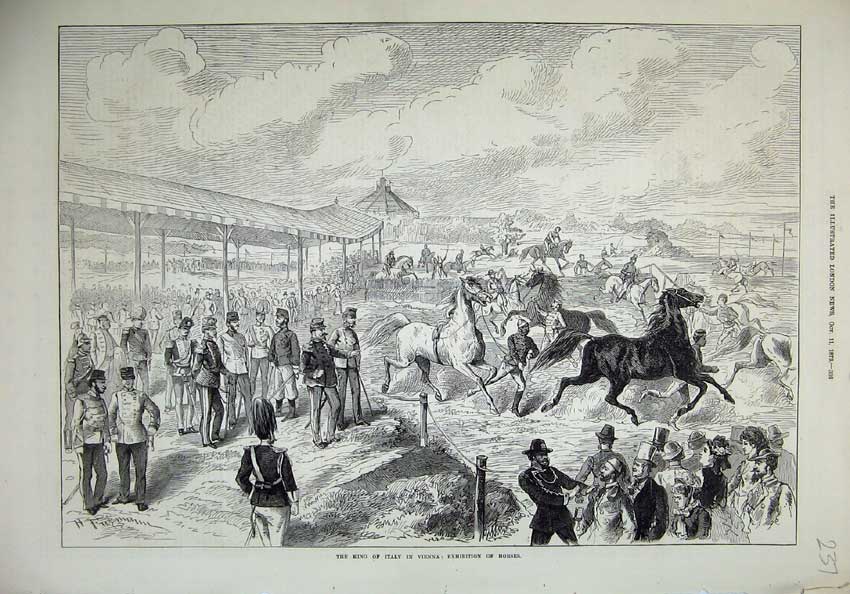 Old Antique Print King Italy Vienna 1873 Exhibition Horses Army Uniform 19th