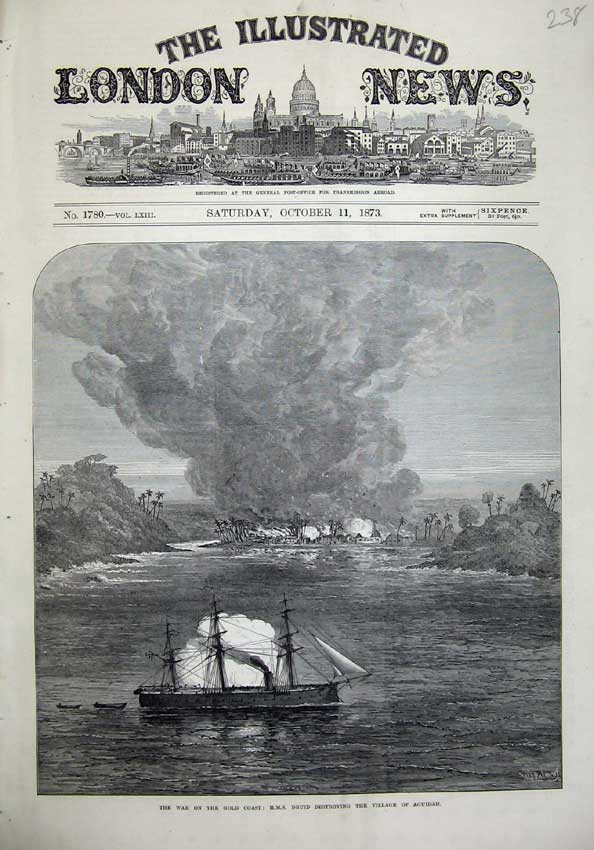 Original Old Antique Print 1873 War GCoast H.M.S Druid Bombing Village Aguidah