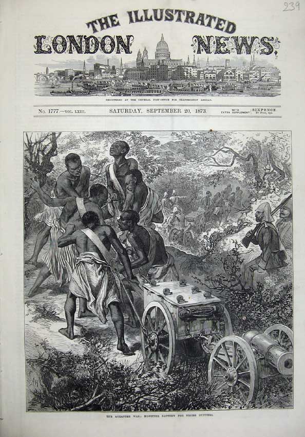 Original Old Antique Print Ashantee War 1873 Howitzer Battery Negro Gunners Art