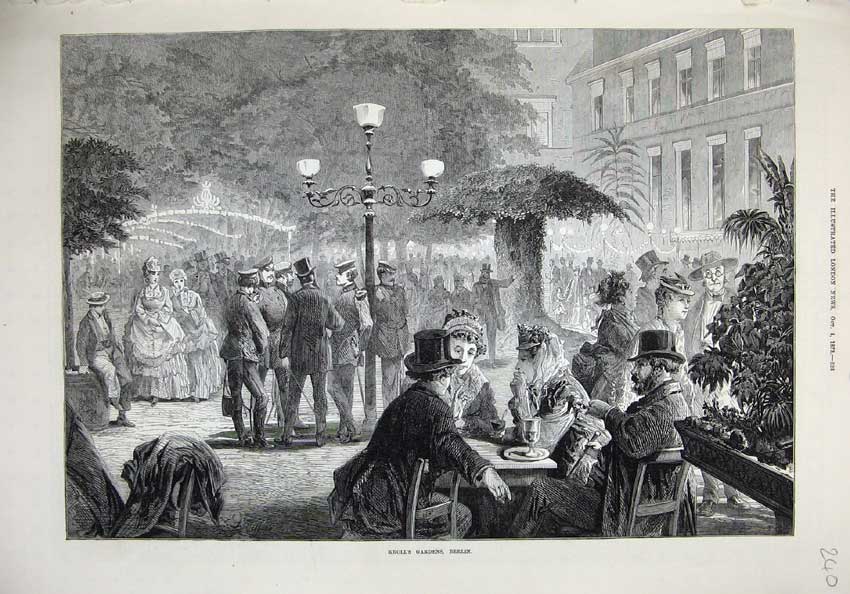 Old Antique Print 1873 Kroll'S Gardens Berlin Germany Women Men Tea-Time 19th