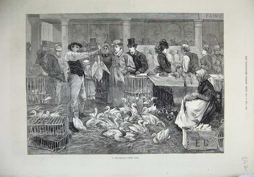 Original Old Antique Print 1873 Michaelmas Goose Fair People Birds Victorian