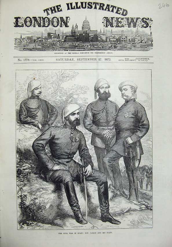 Old Antique Print 1873 Civil War Spain Don Carlos Staff Army Men Unifrom 19th