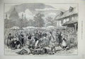 Original Old Antique Print 1873 Fruit Vegatables Market Vienna People Cart 19th