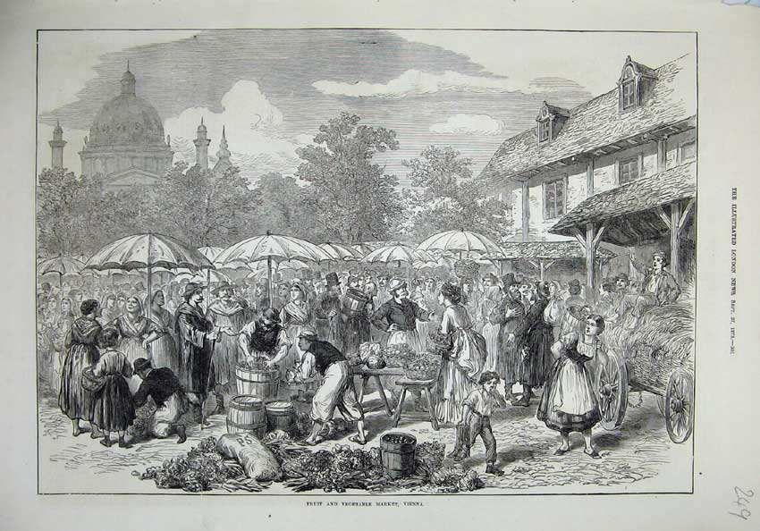 Original Old Antique Print 1873 Fruit Vegatables Market Vienna People Cart 19th