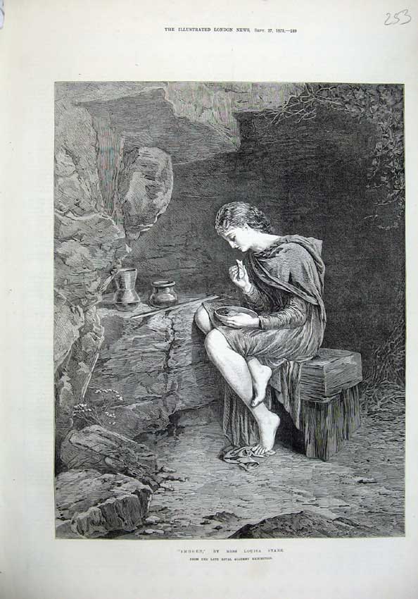 Original Old Antique Print 1873 Imogen Young Girl Eating Garden Louisa Starr