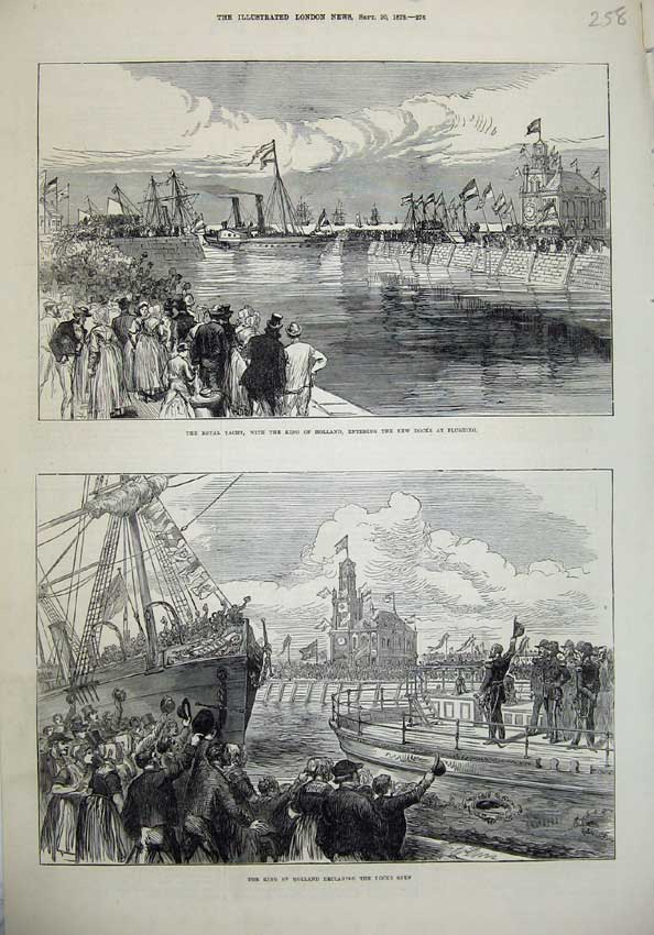 Original Old Antique Print Royal Yacht King Holland Docks Flushing 1873 Ship