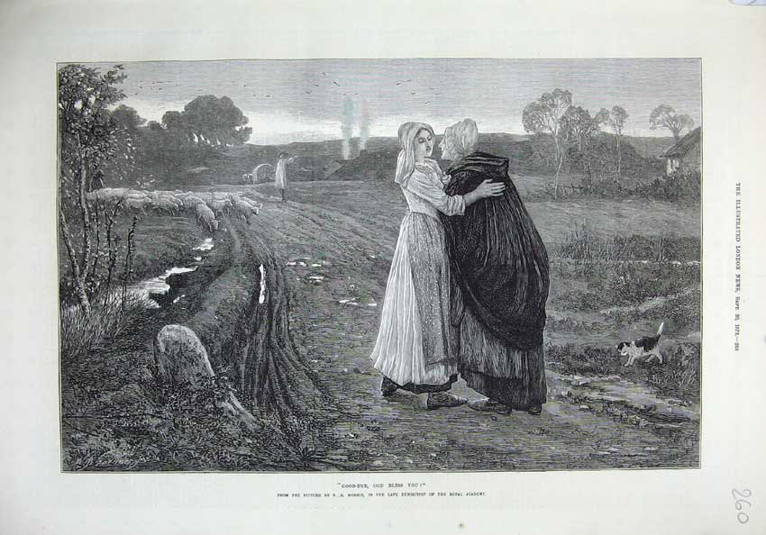 Original Old Antique Print 1873 Woman Young Girl Goodbye Country Fine Art 19th