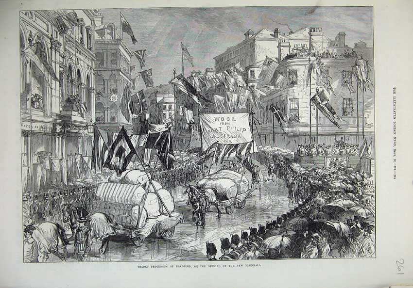 Original Old Antique Print 1873 Trades Procession Bradford Townhall Horses Army