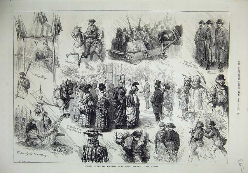 Old Antique Print 1873 Streets Bradford Townhall Opening People Beefeater 19th