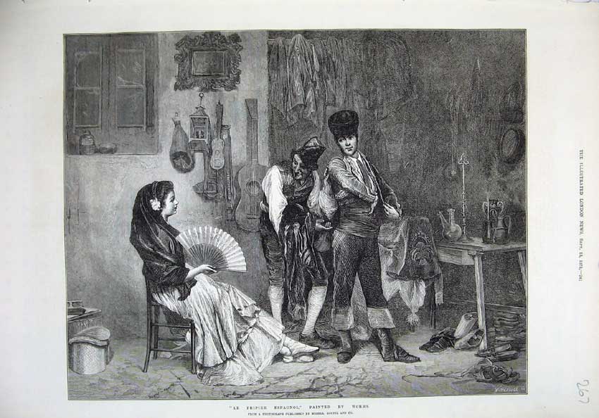 Old Antique Print 1873 Le Fripier Espagnol Men Woman Fan Worms Fine Art 19th