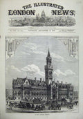 Old Antique Print 1873 View New Townhall Bradford Architecture Building 19th
