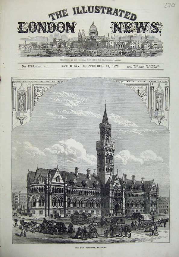 Old Antique Print 1873 View New Townhall Bradford Architecture Building 19th