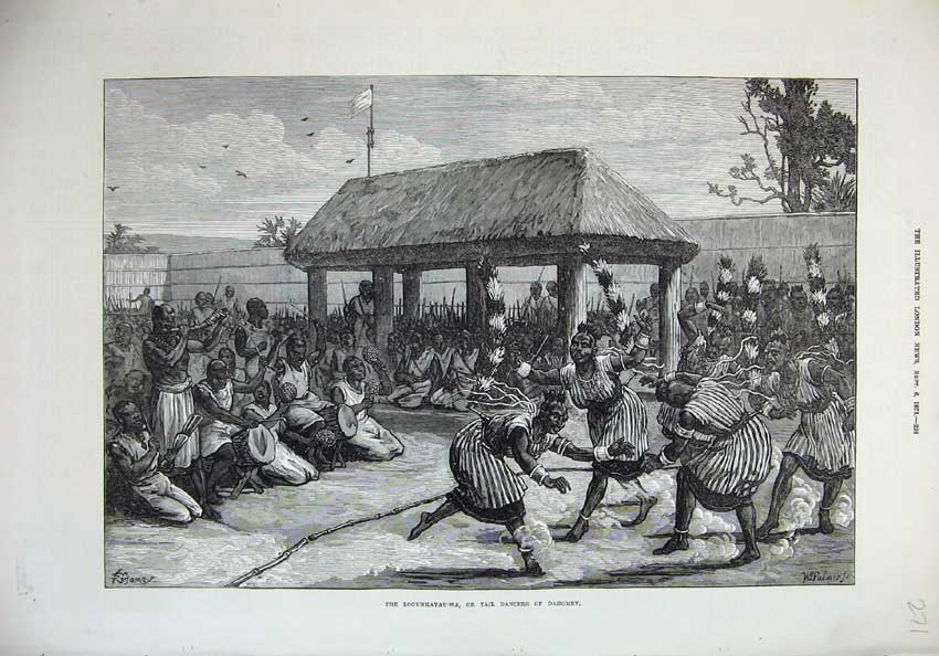 Original Old Antique Print 1873 Logunkayau-Wa Tail Dancers Dahomey Natives 19th