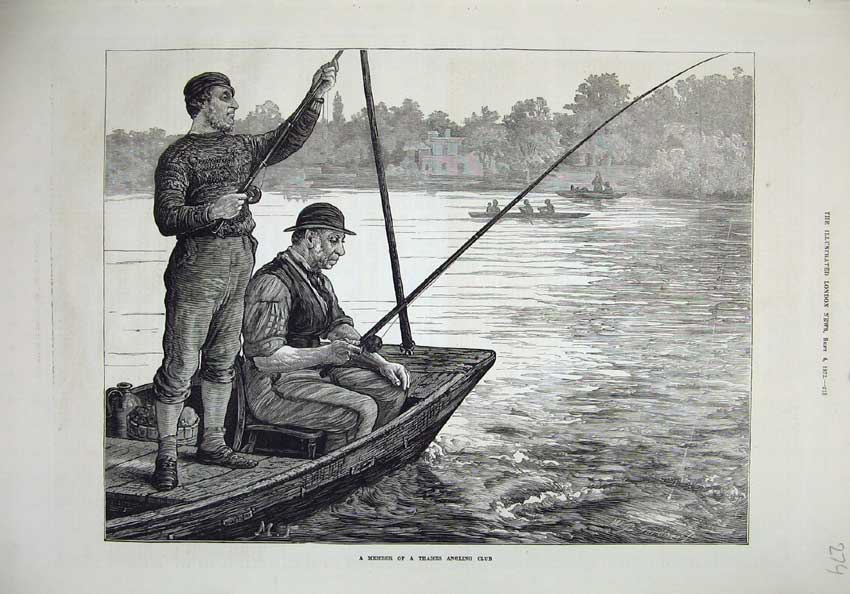 Old Antique Print 1873 Fine Art Member River Thames Angling Club Boat Men 19th