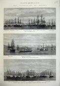 Original Old Antique Print 1873 Norway Ships Sultan Hercules Trondhjem Harbour