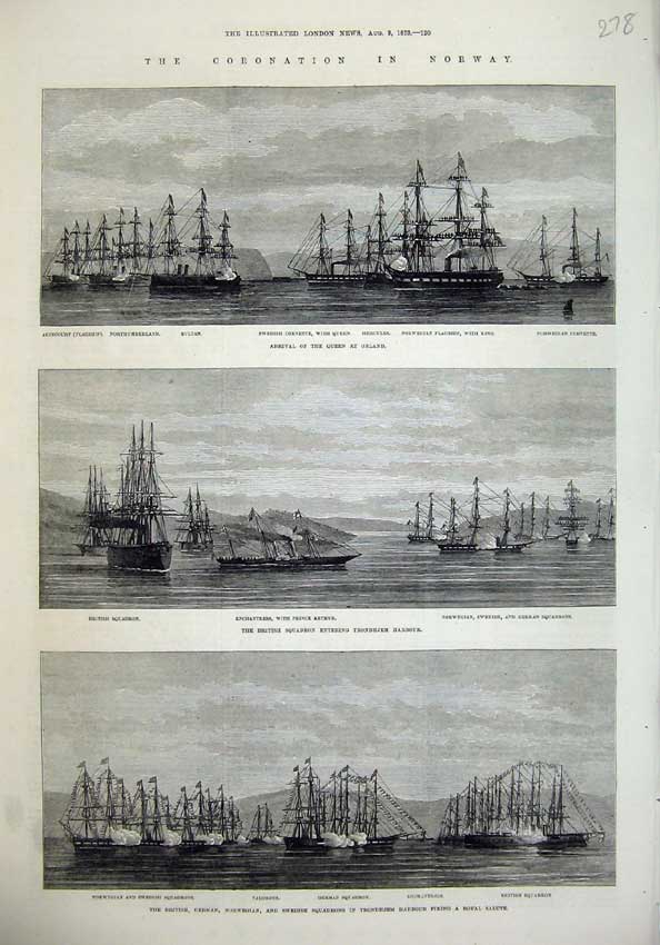 Original Old Antique Print 1873 Norway Ships Sultan Hercules Trondhjem Harbour