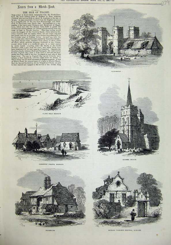 Old Antique Print Isle Thanet 1873 Cliffs Margate Minster Church Hospital 19th