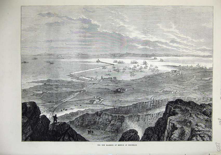 Original Old Antique Print 1873 View New Harbour Refuge Holyhead Ships Fine Art