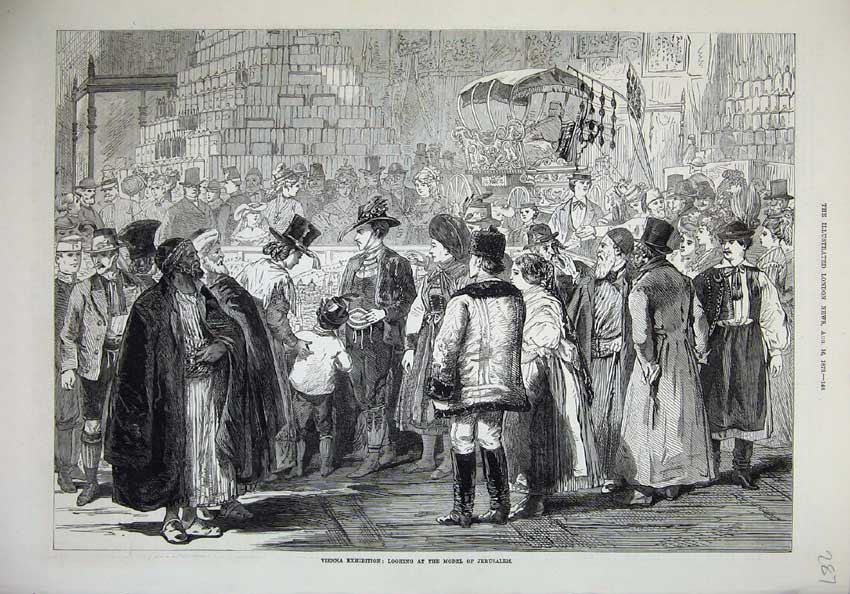 Original Old Antique Print 1873 Vienna Exhibition Model Jerusalem People 19th