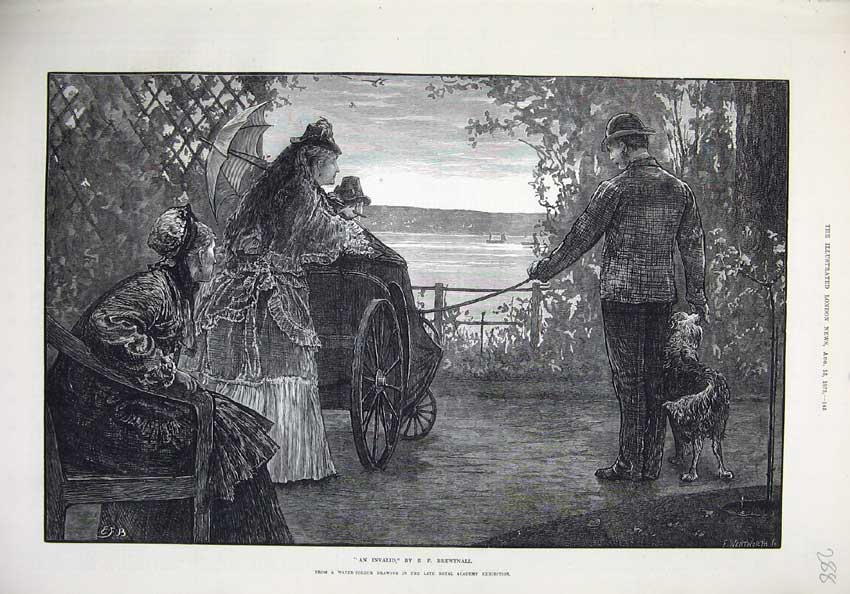 Old Antique Print 1873 An Invalid Wheelchair Lake Trees Man Dog Fine Art 19th