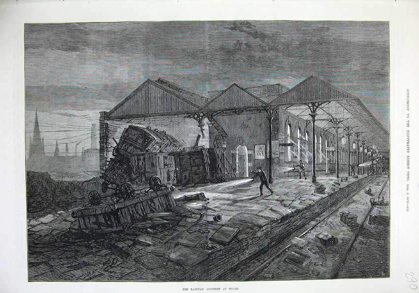 Original Old Antique Print 1873 Railway Accident Wigan Train Station Fine Art