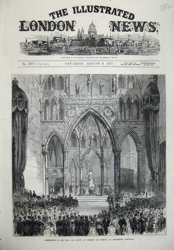 Original Old Antique Print 1873 Coronation King Queen Sweden Norway Trondhjem