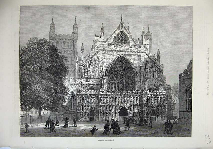Old Antique Print 1873 Exterior View Exeter Chapel Church Cathedral Art 19th