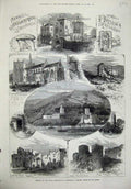 Old Antique Print 1873 Archaeological Exeter Castle Ottery Church Torquay 19th