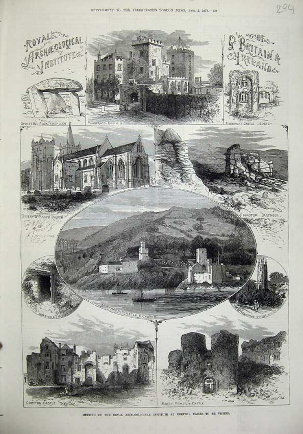 Old Antique Print 1873 Archaeological Exeter Castle Ottery Church Torquay 19th