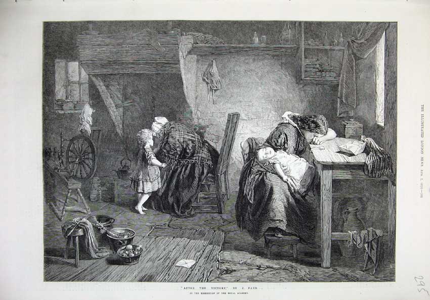 Antique Old Print *0199 1873 Women Children Sleeping Spinning Wheel Fine Art