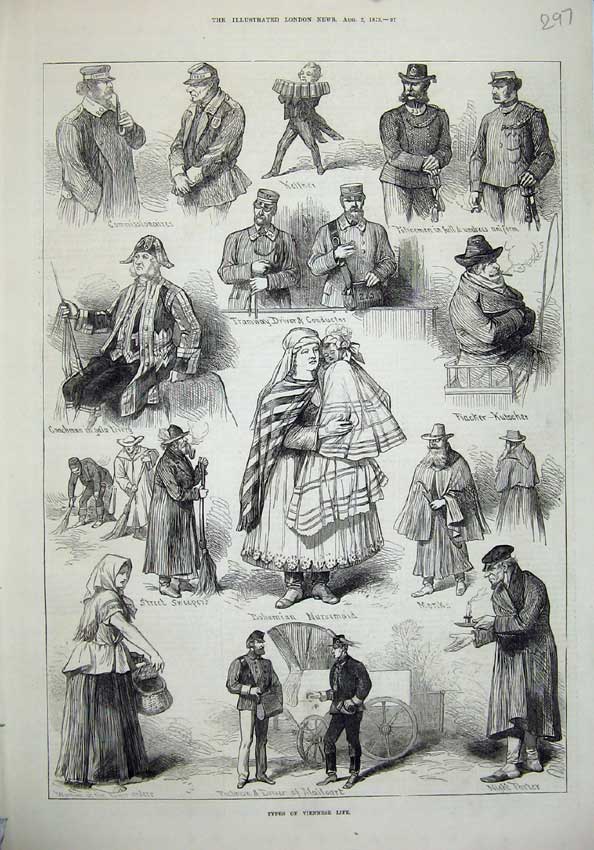 Old Antique Print 1873 Viennese Life Bohemian Monks Postman Policemen Men 19th