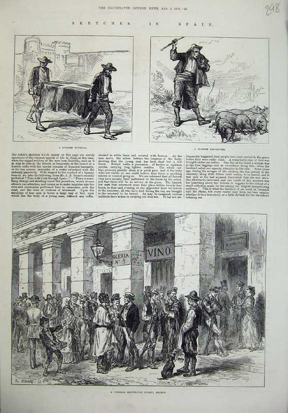 Old Antique Print Spain 1873 Federal Republican Guard Madrid Funeral Pigs 19th