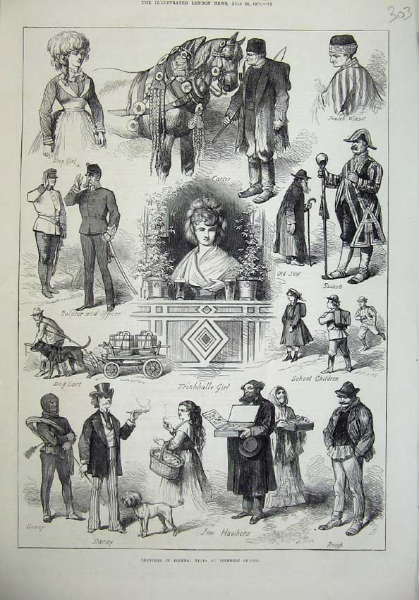 Old Antique Print 1873 Vienna Jew Hawkers Suisse Trinkhalle Sweep Police 19th
