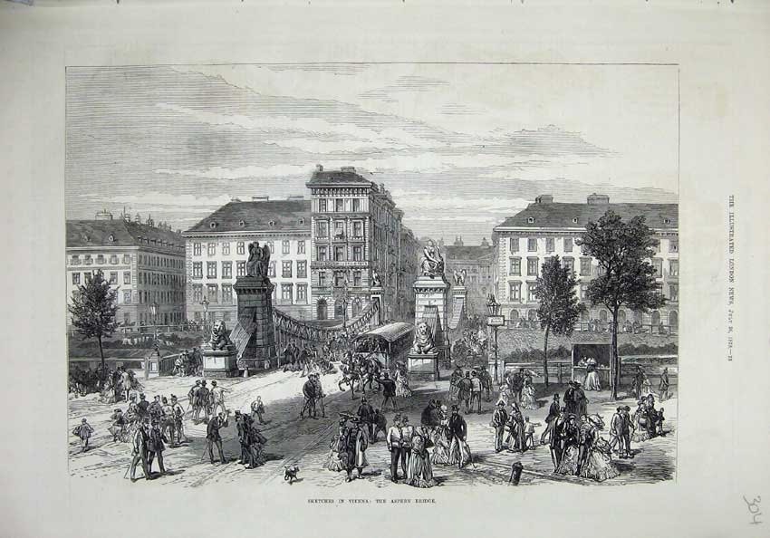 Old Antique Print 1873 Vienna View Aspern Bridge People Buildings Street 19th