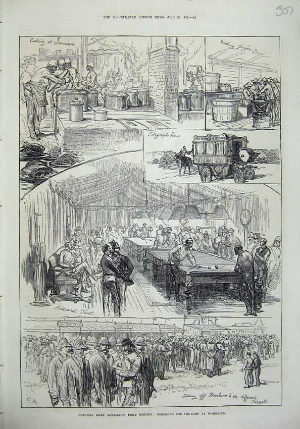 Original Old Antique Print 1873 National Rifle Prize Meeting Billiard Table Bus