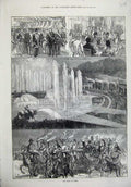 Original Old Antique Print 1873 Shah Paris France Fountain Army Versailles Art
