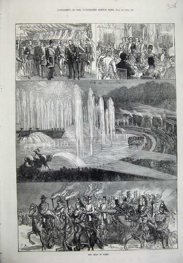 Original Old Antique Print 1873 Shah Paris France Fountain Army Versailles Art
