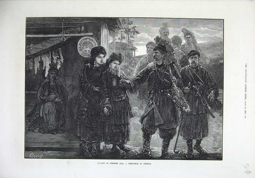 Old Antique Print Betrothal Georgia 1873 Asia Men Women Costumes Fine Art 19th