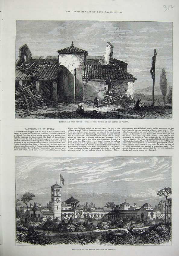 Old Antique Print 1873 Earthquake Venice Church Pietro Teheran Legation 19th