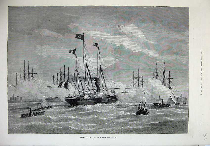Old Antique Print 1873 Departure Shah Portsmouth Sailing Ship England Art 19th