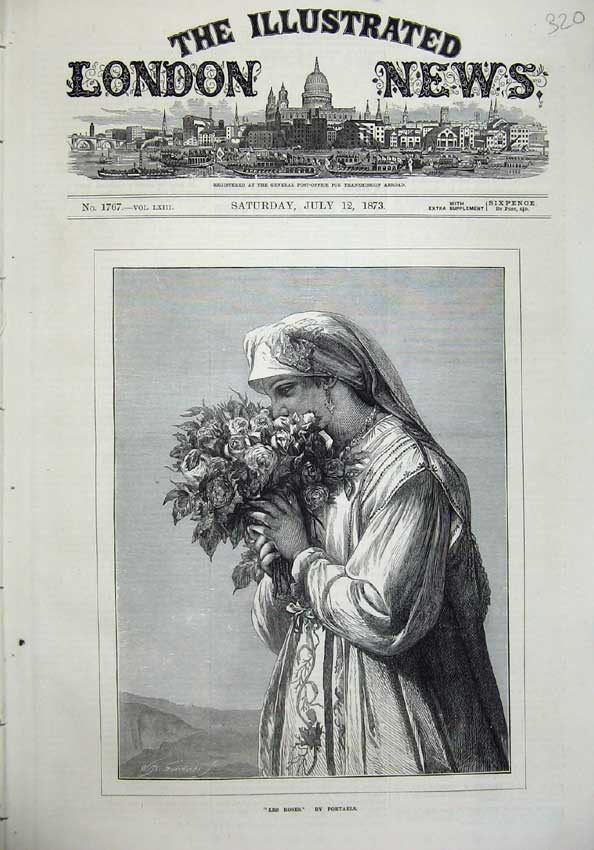Old Antique Print 1873 Les Roses Portaels Beautiful Woman Bunch Flowers 19th