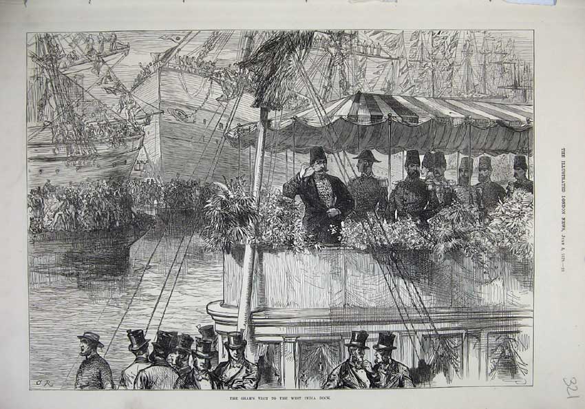 Original Old Antique Print 1873 Shah Visit West India Dock Sailing Ship Flowers