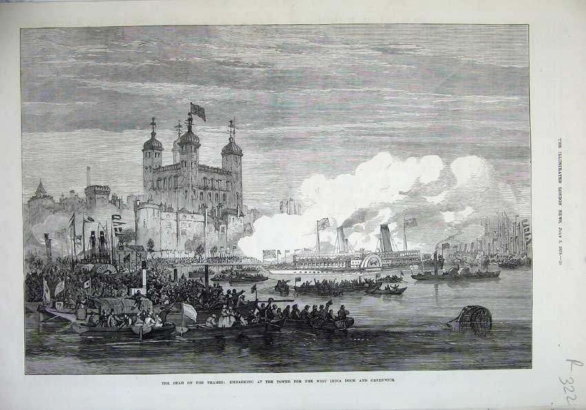 Antique Print *0200 1873 Shah Signature Thames River Tower Greenwich Ships