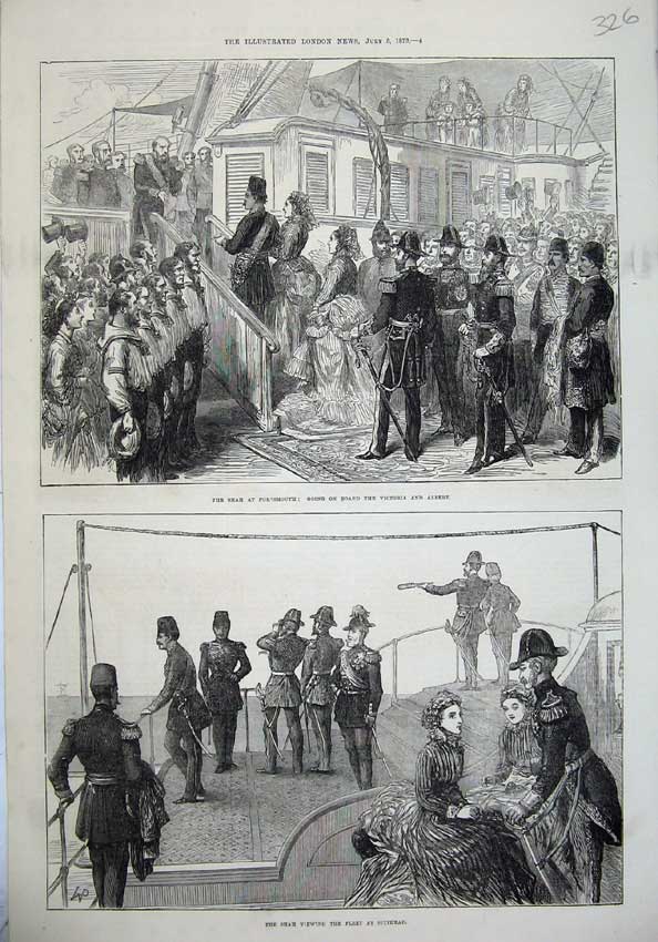 Old Antique Print 1873 Shah Portsmouth Victoria Albert Ship Spithead Art 19th