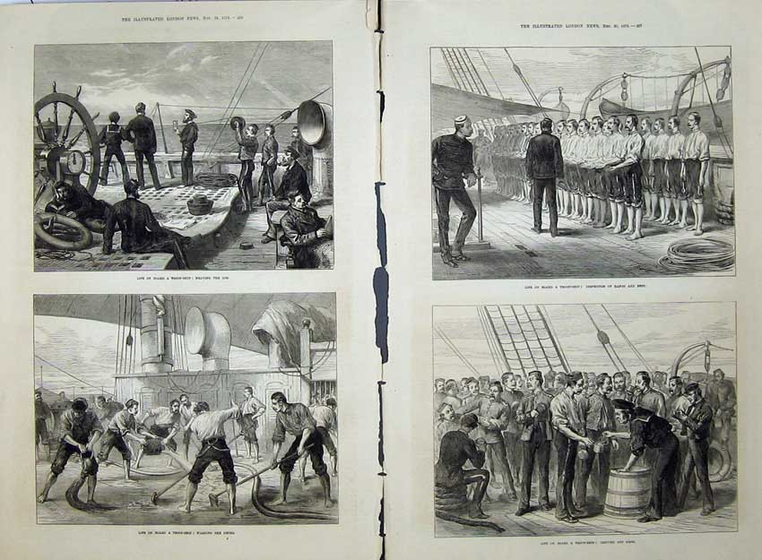 Old Print *0202 1873 Troop Ship Log Decks Grog Dinner Time Sailors Navy