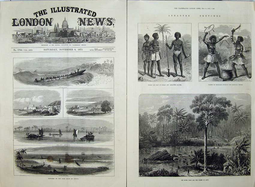 Original Old Antique Print Ashantee War 1873 River Prah Sier Annamaboe Accra