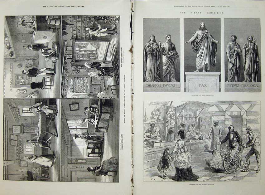 Old Antique Print Vienna Exhibition 1873 Egyptian Pavilion Cottage House 19th